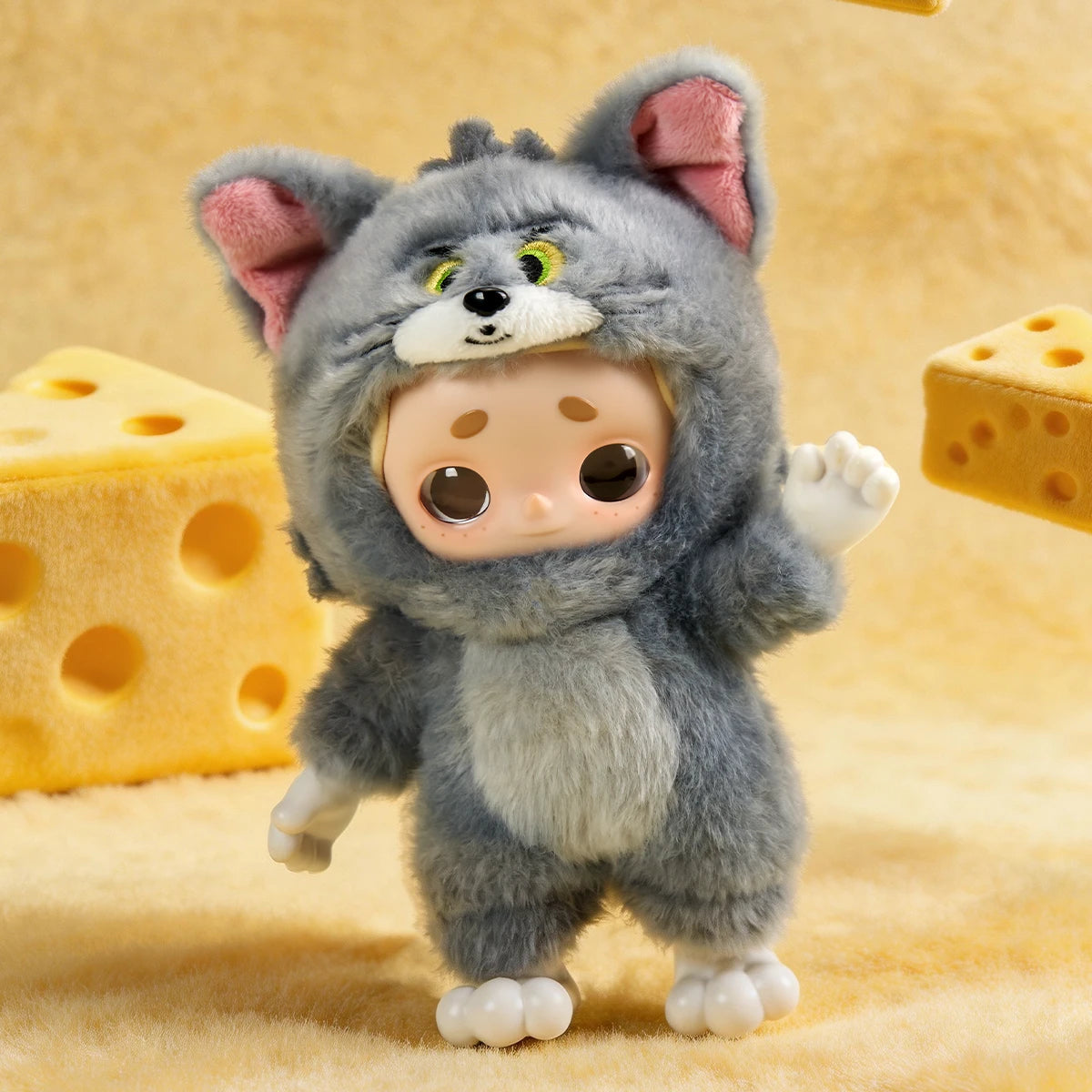 Nook in fuzzy gray Tom cat costume waving among plush cheese wedges, Nook x Tom and Jerry