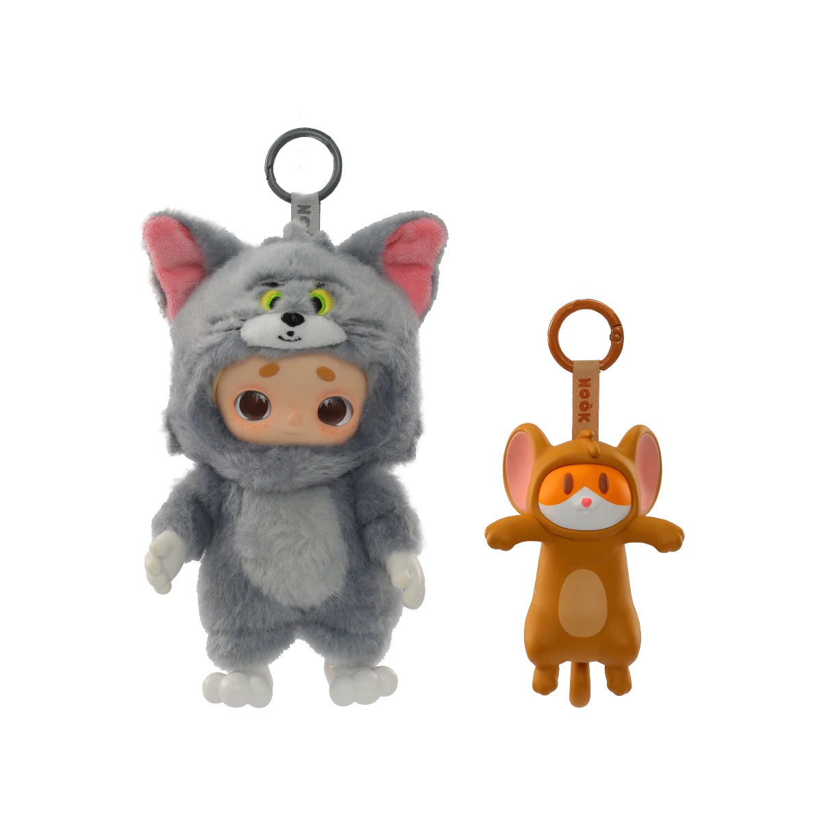 Nook doll in a fuzzy gray Tom cat costume holding a small orange Jerry mouse figure, Nook x Tom and Jerry by 52TOYS