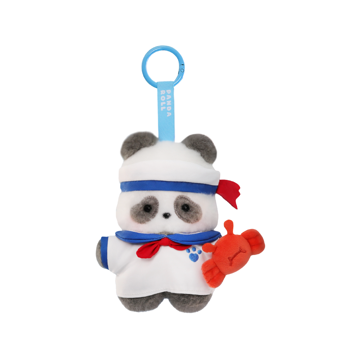 Panda Sailor plush charm in white sailor suit with red tie holding a little red crab, Panda Roll Happy Weekend