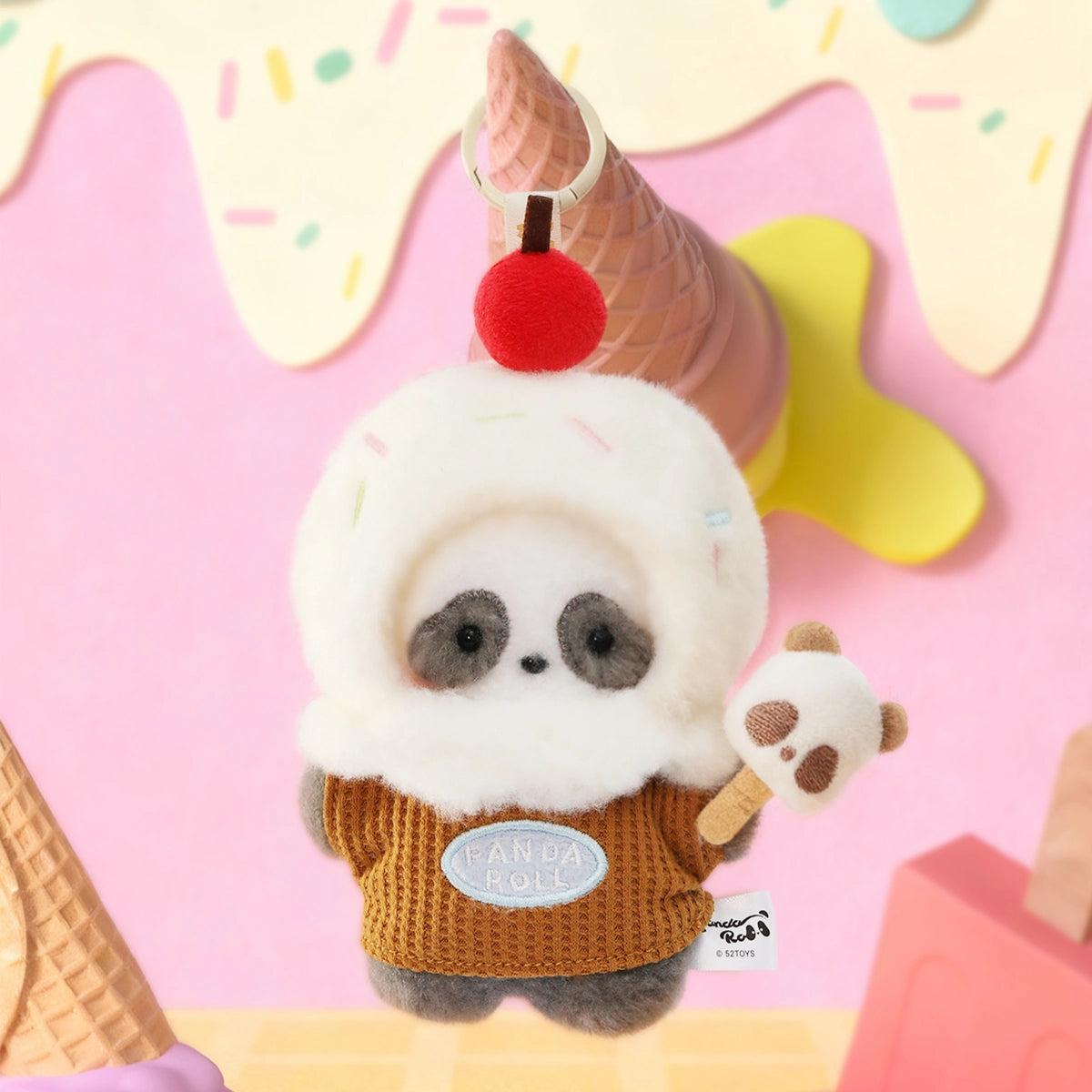 Haapan-Dazs plush charm in white ice-cream cone hood with cherry holding a panda ice-cream stick, Panda Roll
