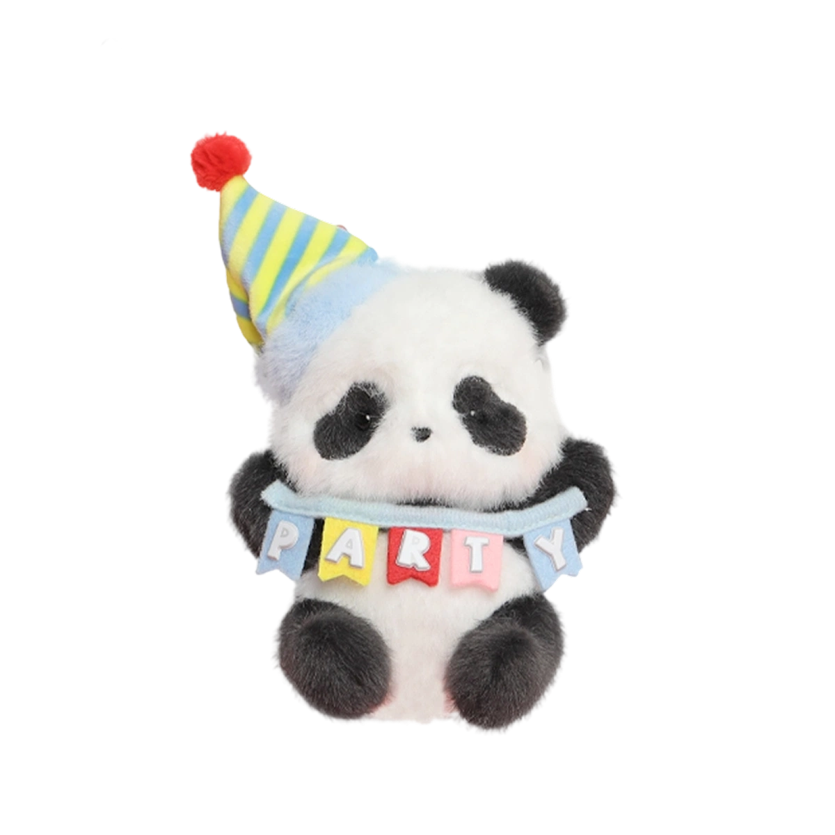 PARTY COLOR STRIPES panda plush in a striped party hat holding a PARTY bunting banner, Panda Roll Party Series by 52TOYS
