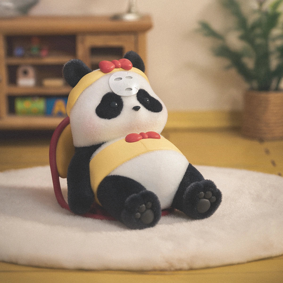 Beauty Time figurine, panda with a yellow headband, red bow and white facial mask sheet, Playful Journal