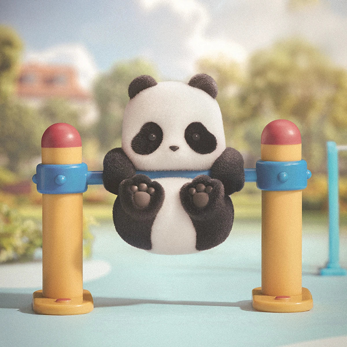Panda On Parallel Bars figurine swinging on a yellow-and-blue gymnastics bar, Panda Roll Playful Journal