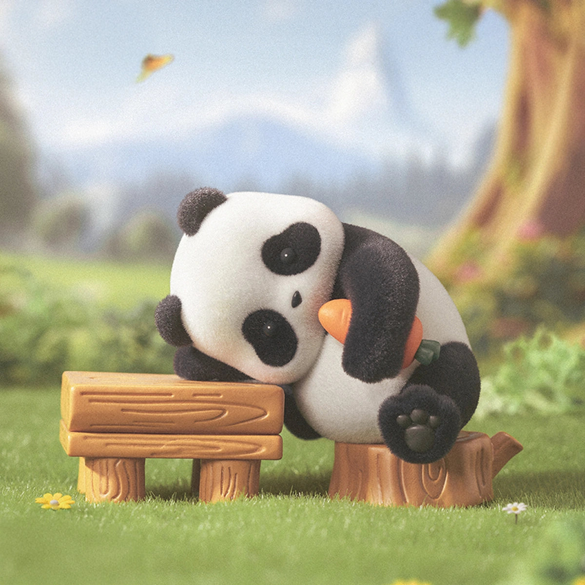 Where's The Apple figurine, panda draped over a wooden bench clutching an orange carrot, Playful Journal