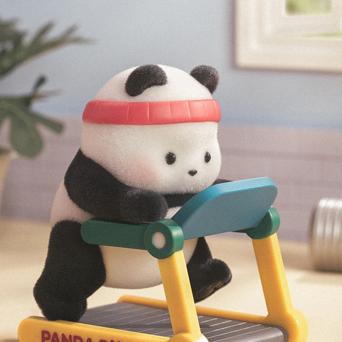 Fitness Plan figurine, panda in a red sports headband running on a colorful Panda Roll treadmill, Playful Journal