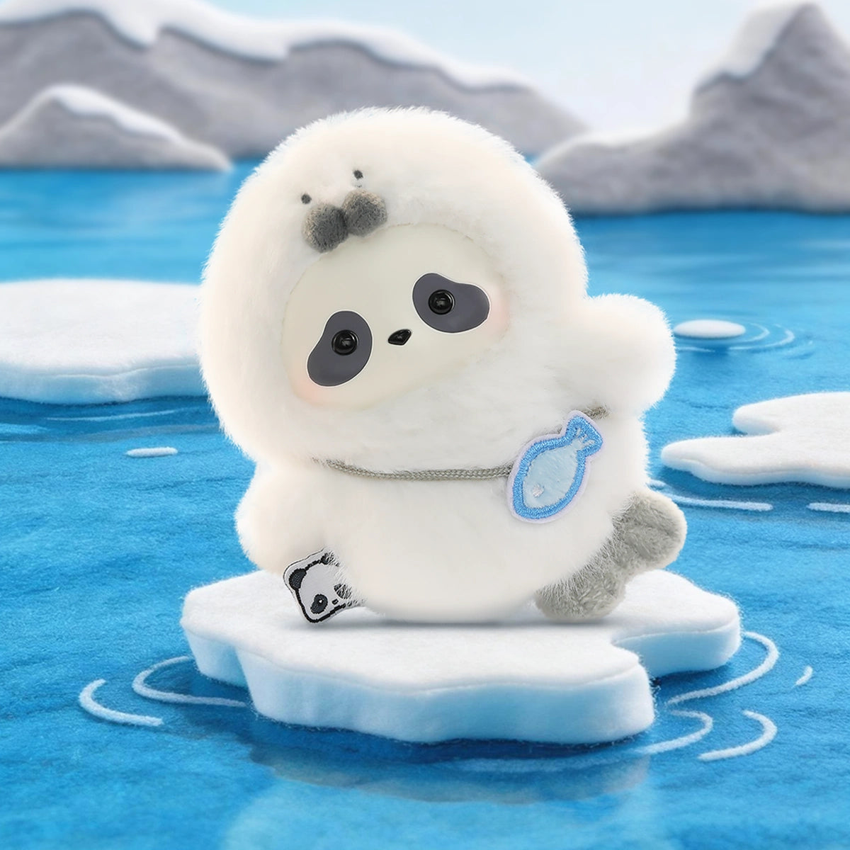 Snow Seal Pup secret panda in a white seal costume with blue fish bag on ice, Panda Roll The Zoo In Hands