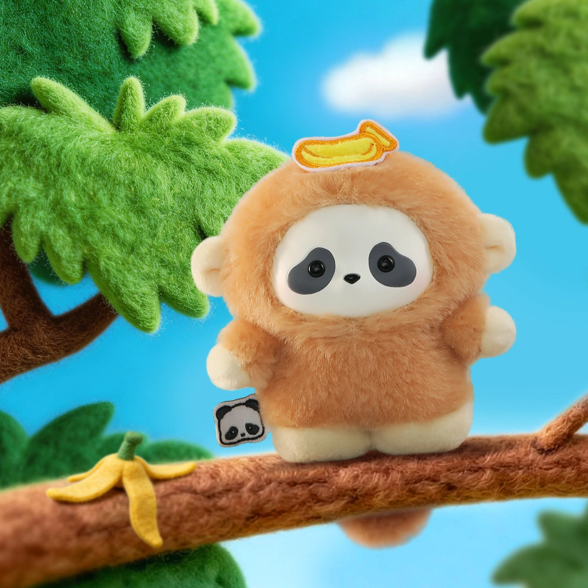 Banana Monkey panda in a brown monkey suit with a banana, on a tree branch, Panda Roll The Zoo In Hands