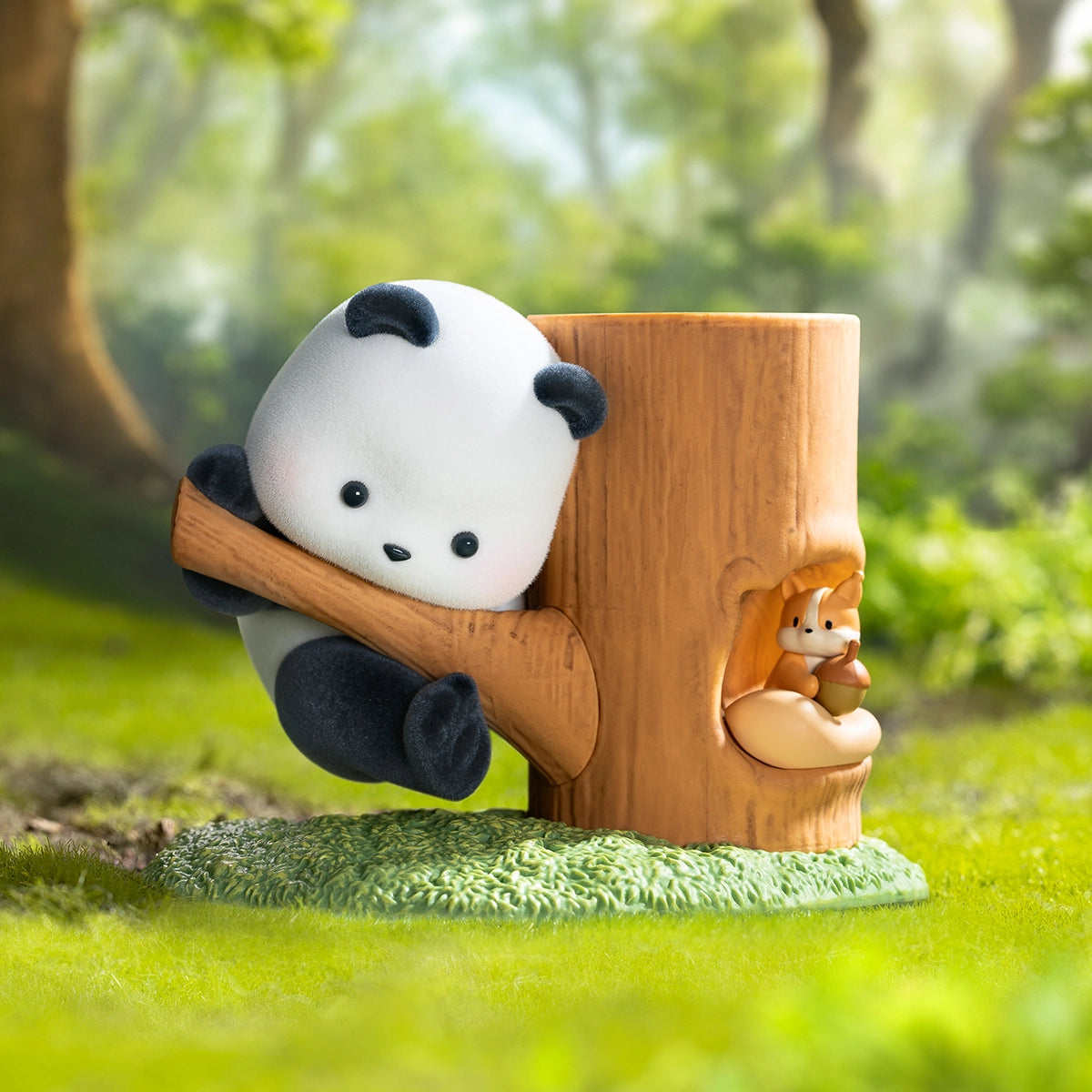 New Neighbour figurine, panda climbing a stump beside an orange squirrel in the hollow, Fruit Tree Climbing
