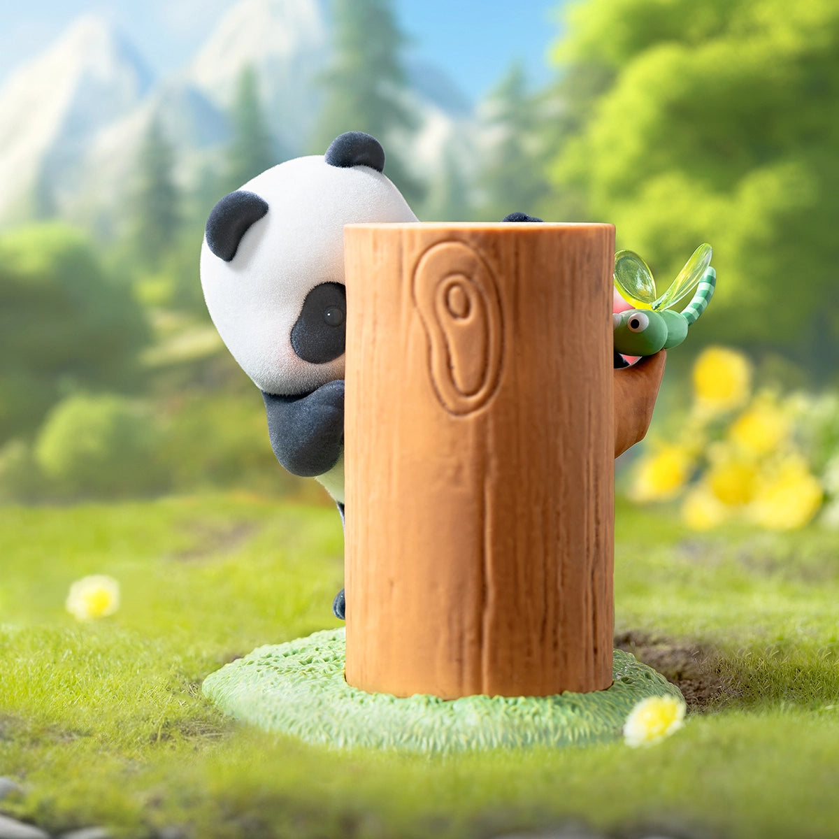 Hide-And-Seek figurine, panda peeking around the back of a tall tree stump, Fruit Tree Climbing