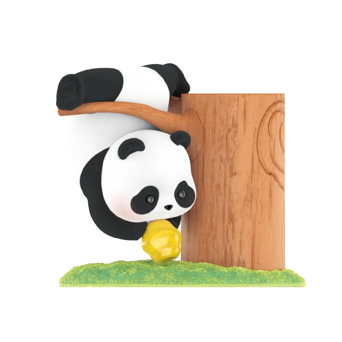 Stealing Honey figurine, panda hanging upside-down off a branch reaching a yellow honey ball, Fruit Tree Climbing