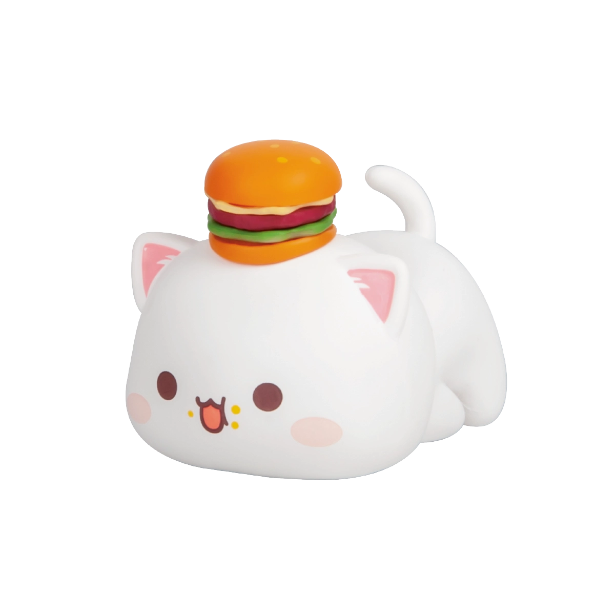 Peach Blankets white cat curled inside a blue blanket roll, Peach and Goma's Sweet Mini Universe