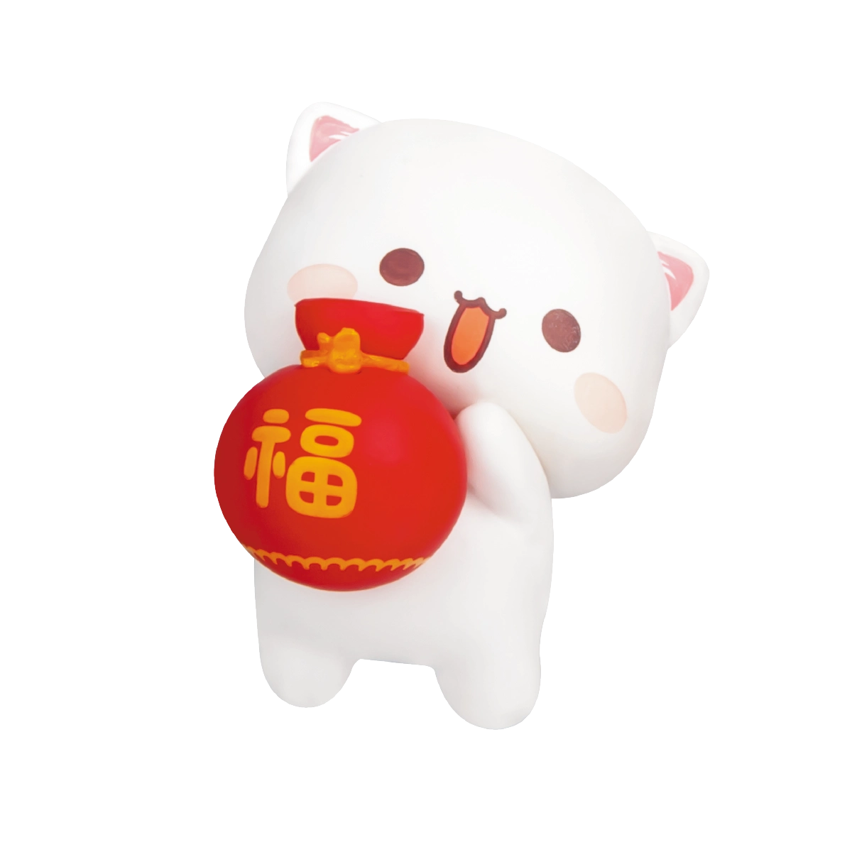 Goma Safe and Sound grey cat with a red fortune tag on an orange base, Peach and Goma's Sweet Mini Universe