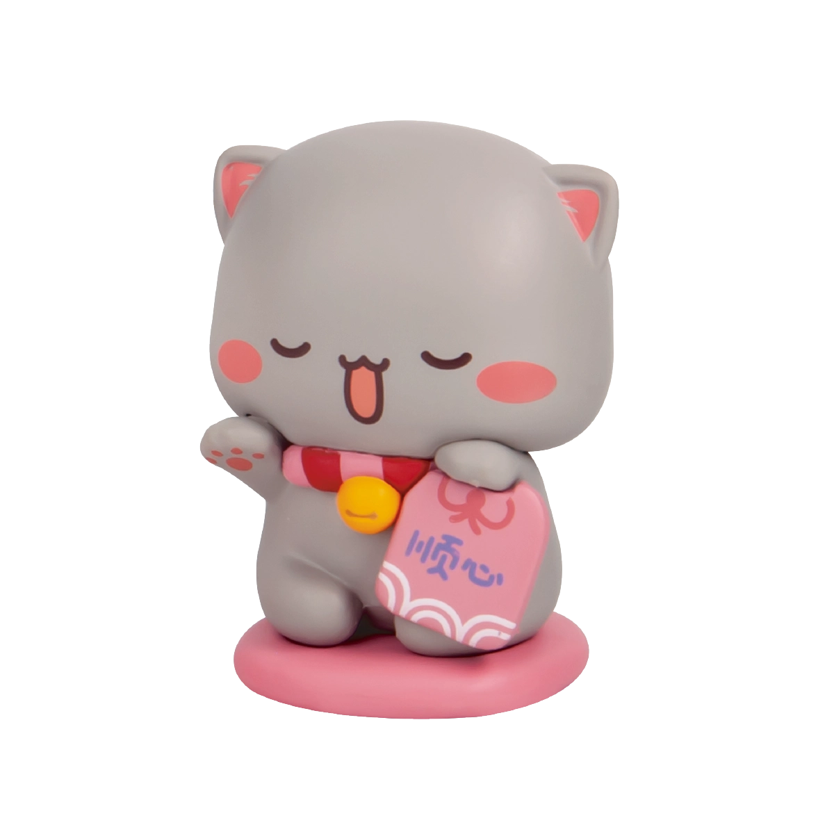 Peach Lucky Charm white cat holding a gold lucky koi fortune tag, secret Peach and Goma's Sweet Mini Universe