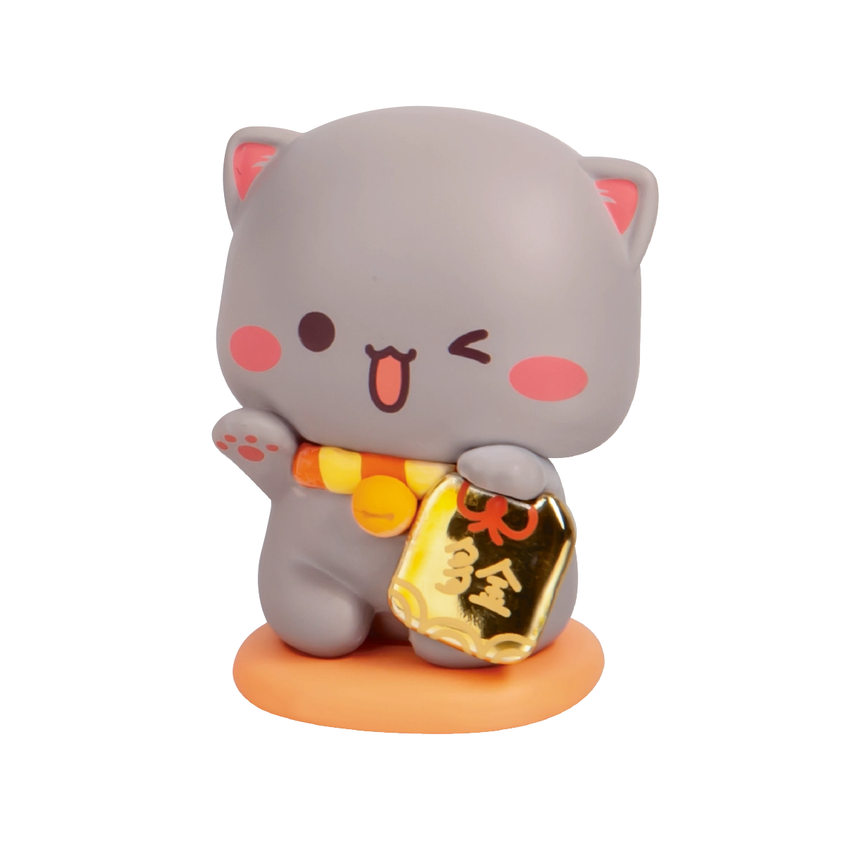Winking gray Goma cat holding a gold Chinese lucky charm on an orange base