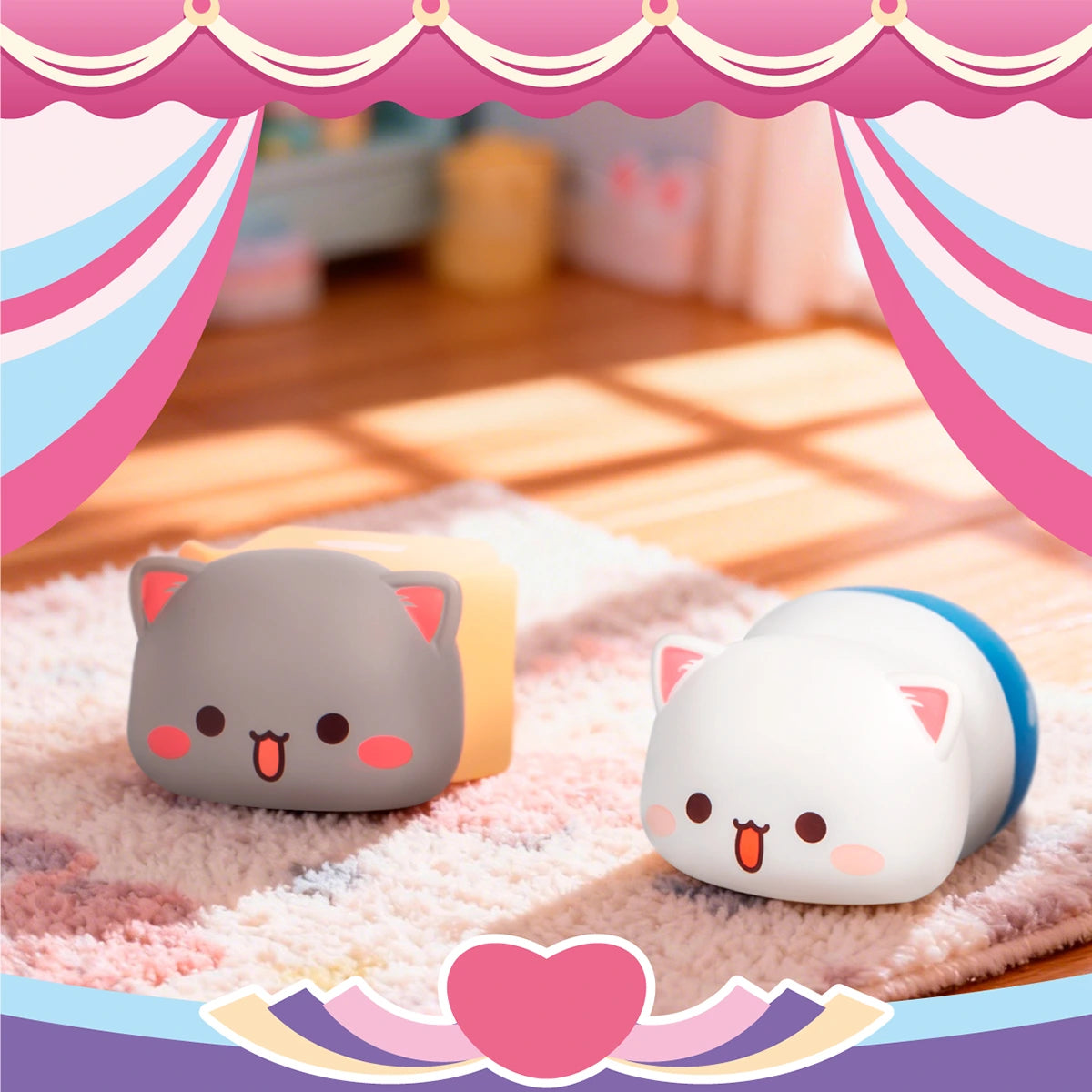 Peach Lucky and Goma fortune-charm cats holding lucky tags, Peach and Goma's Sweet Mini Universe