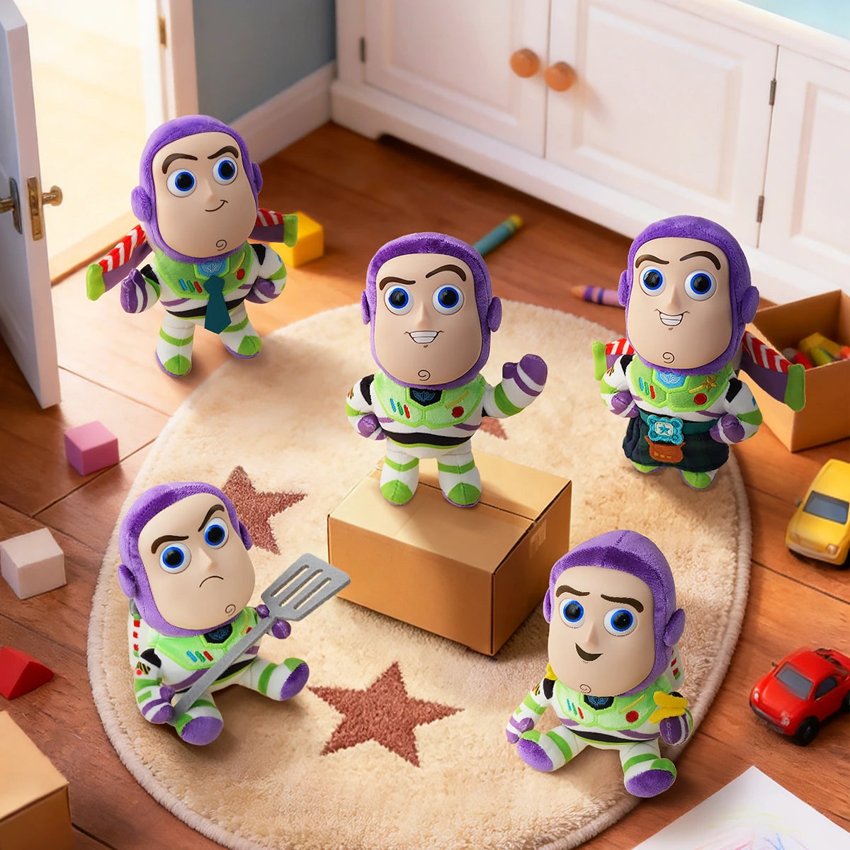 Five Buzz Lightyear plush keychain designs arranged on a star rug in a playroom