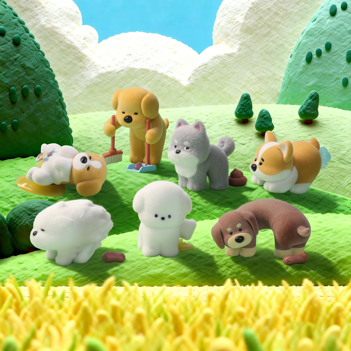 Full lineup of seven flocked PooPoo Pups puppies in a green village scene, blind box