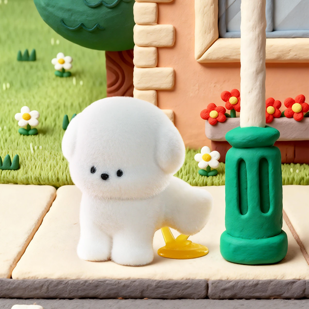Leg-Lifting Pro Bichon puppy peeing a yellow puddle beside a cottage post, PooPoo Pups