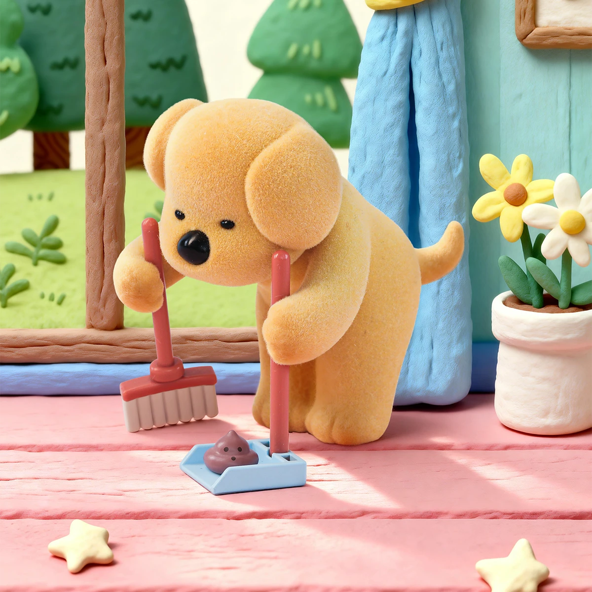 Like owner, like dog golden puppy using a broom and dustpan to clean up, PooPoo Pups