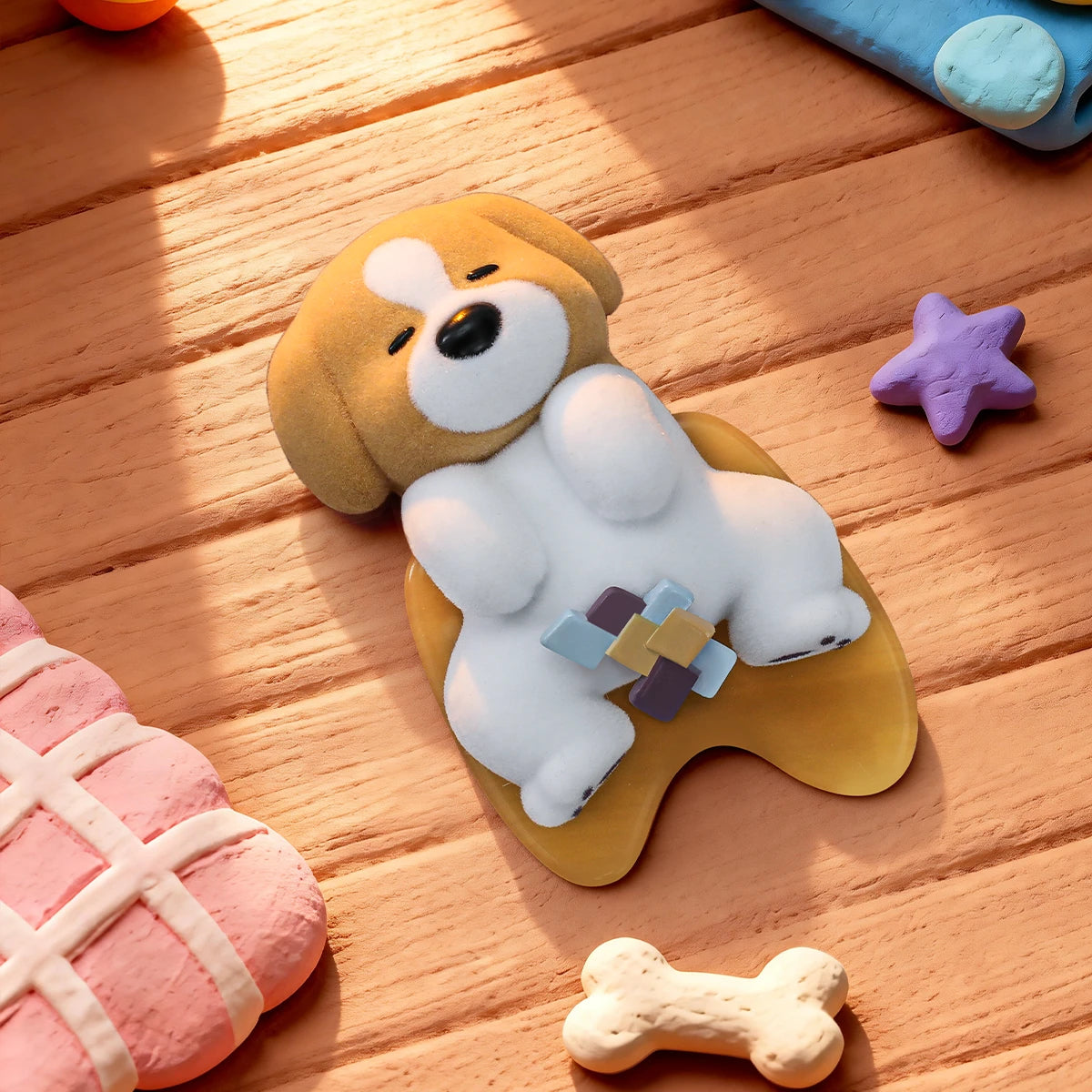 Puddle Maker puppy rolling belly-up with paws in the air on a wooden floor, PooPoo Pups