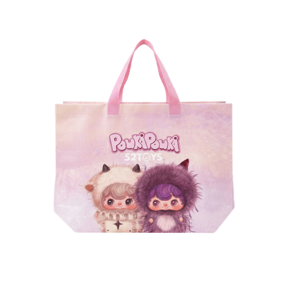Pink and purple tote bag printed with two furry-hooded Pouka characters and logo, Pouka Large Tote Bag gift
