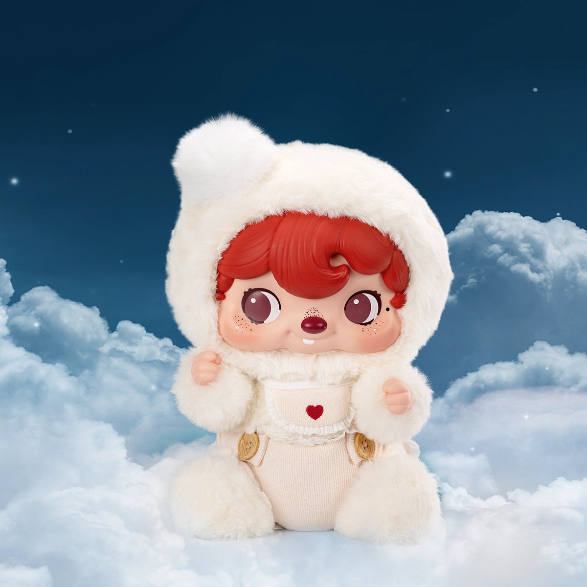 POUKAPOUKA Cloud Baby plush seated among dreamy night clouds, red-haired baby in white bear-eared hood