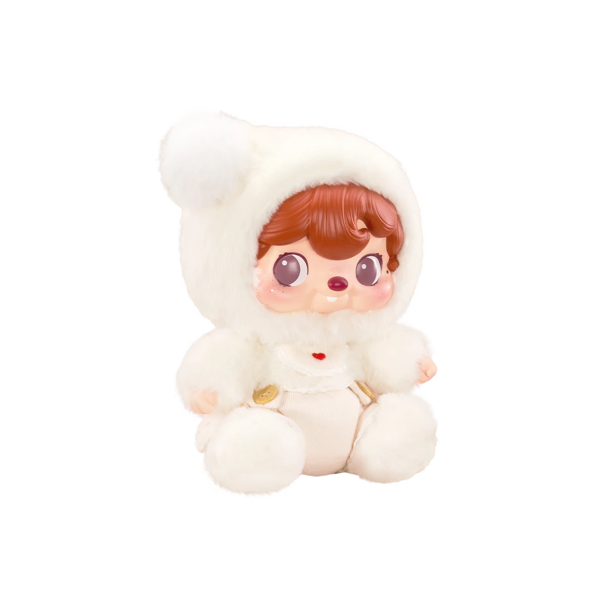 POUKAPOUKA Cloud Baby vinyl plush, baby POUKA in a white bear-eared hood and heart-bib romper, by 52TOYS