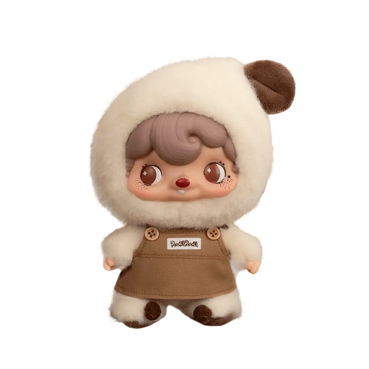 Pouka Pouka Coffee Time doll in a fluffy cream bear-eared hood and khaki apron with wooden buttons, by 52TOYS