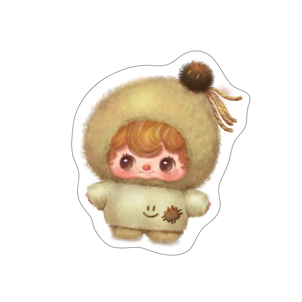 Glitter sticker of a baby in a yellow chick onesie from Poukapouka Me & I Glitter Stickers