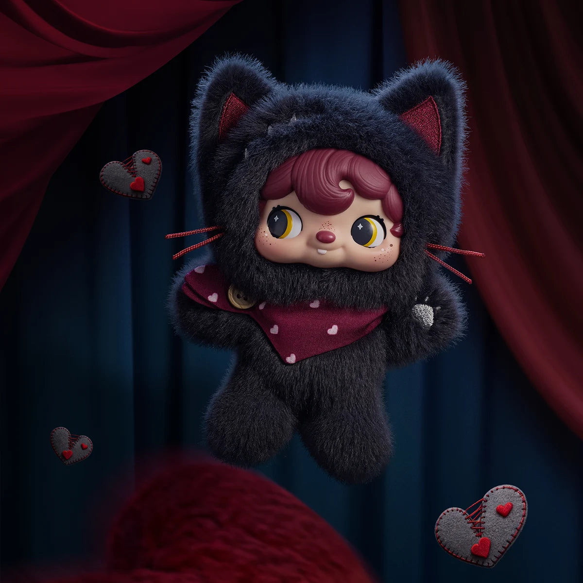 Heart-Snatcher Kitten black cat plush with red whiskers among hearts, POUKAPOUKA Me & I blind box