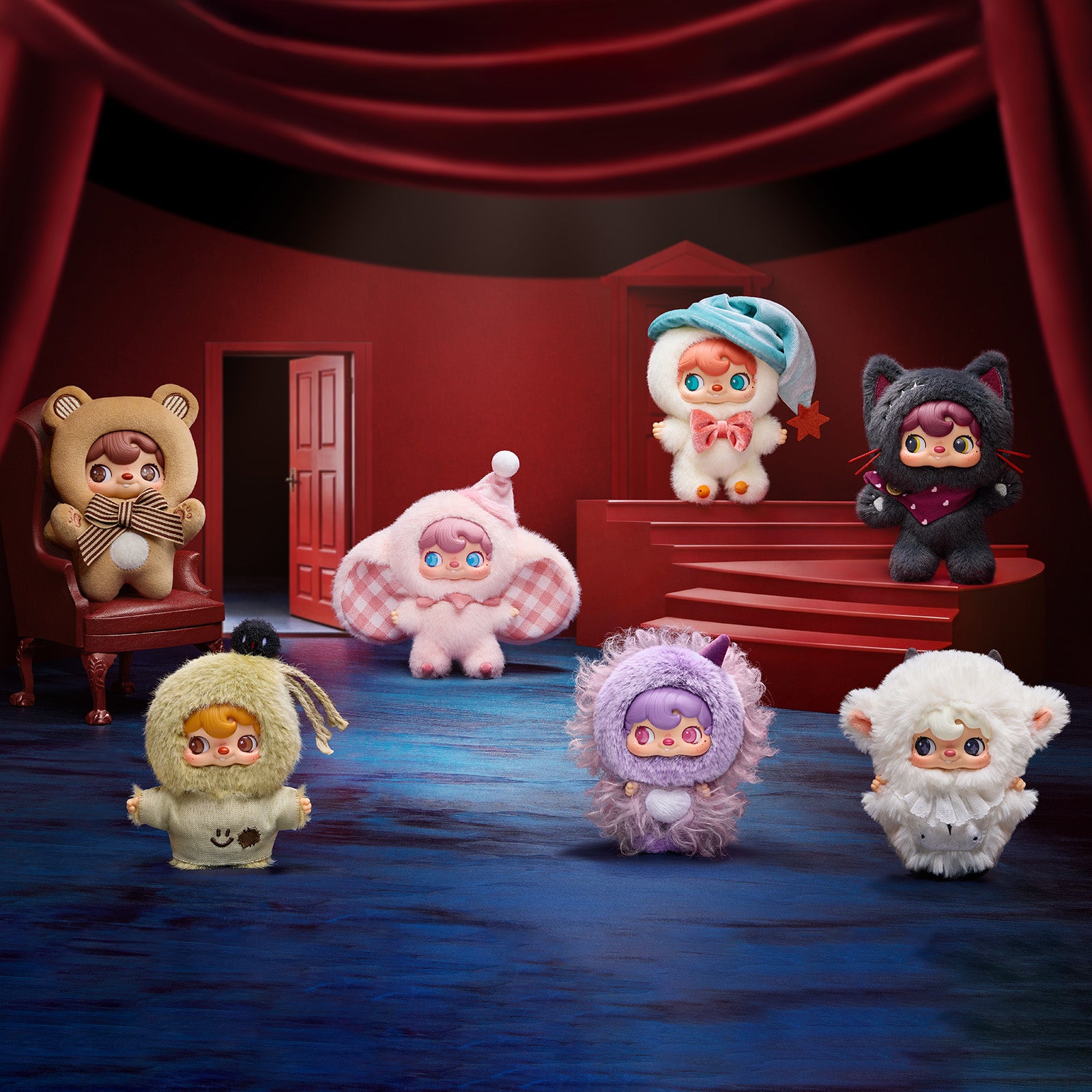 Full set of seven costumed POUKAPOUKA Me & I plush figures on a red stage, vinyl plush blind box
