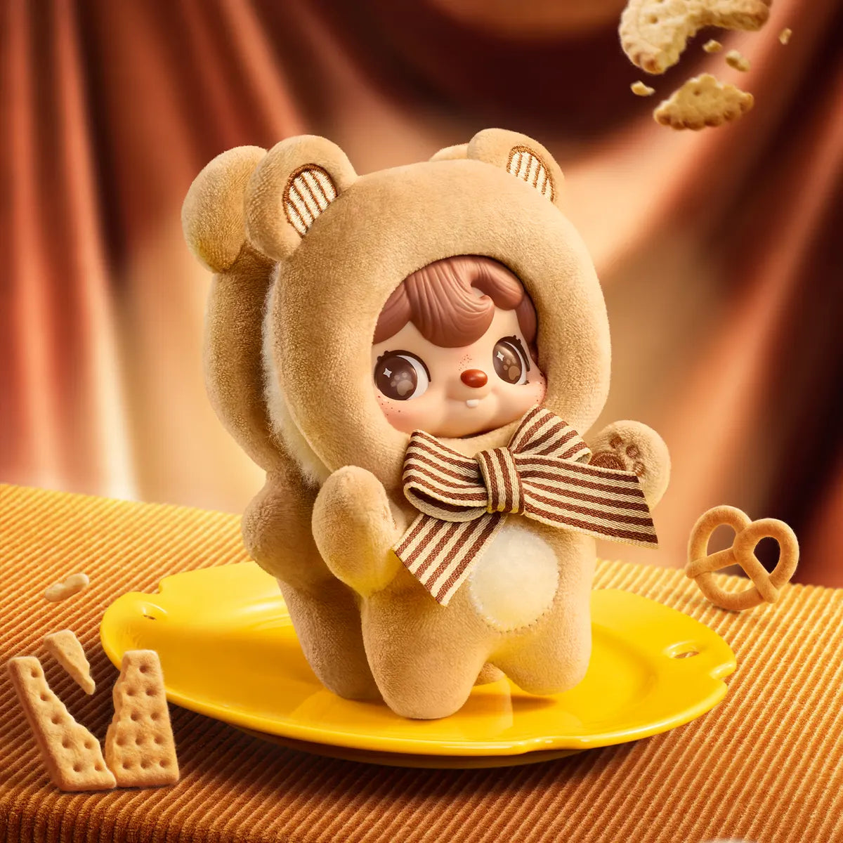 Bear Cookie tan teddy-hooded plush on a yellow plate with crackers, POUKAPOUKA Me & I blind box