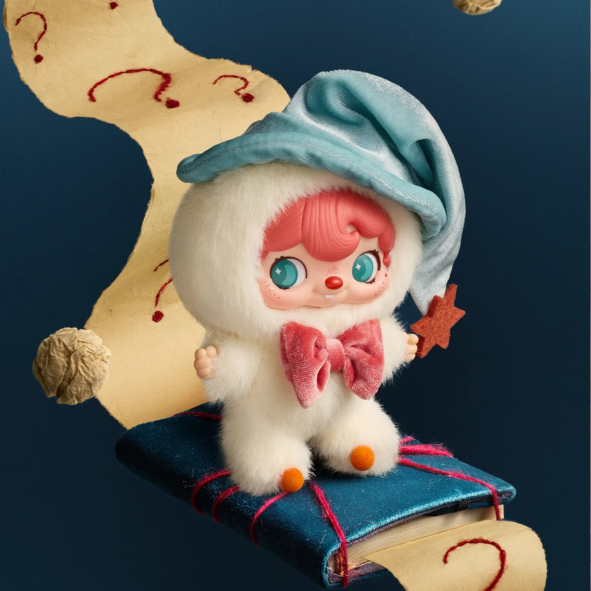 Mystic Conch blue-hooded plush holding a star atop a book, POUKAPOUKA Me & I vinyl plush blind box
