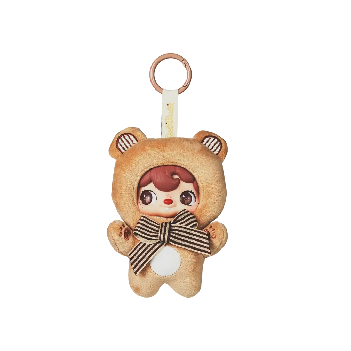 Bear Cookie tan teddy-hooded plush with striped bow, POUKAPOUKA Me & I vinyl plush blind box by 52TOYS