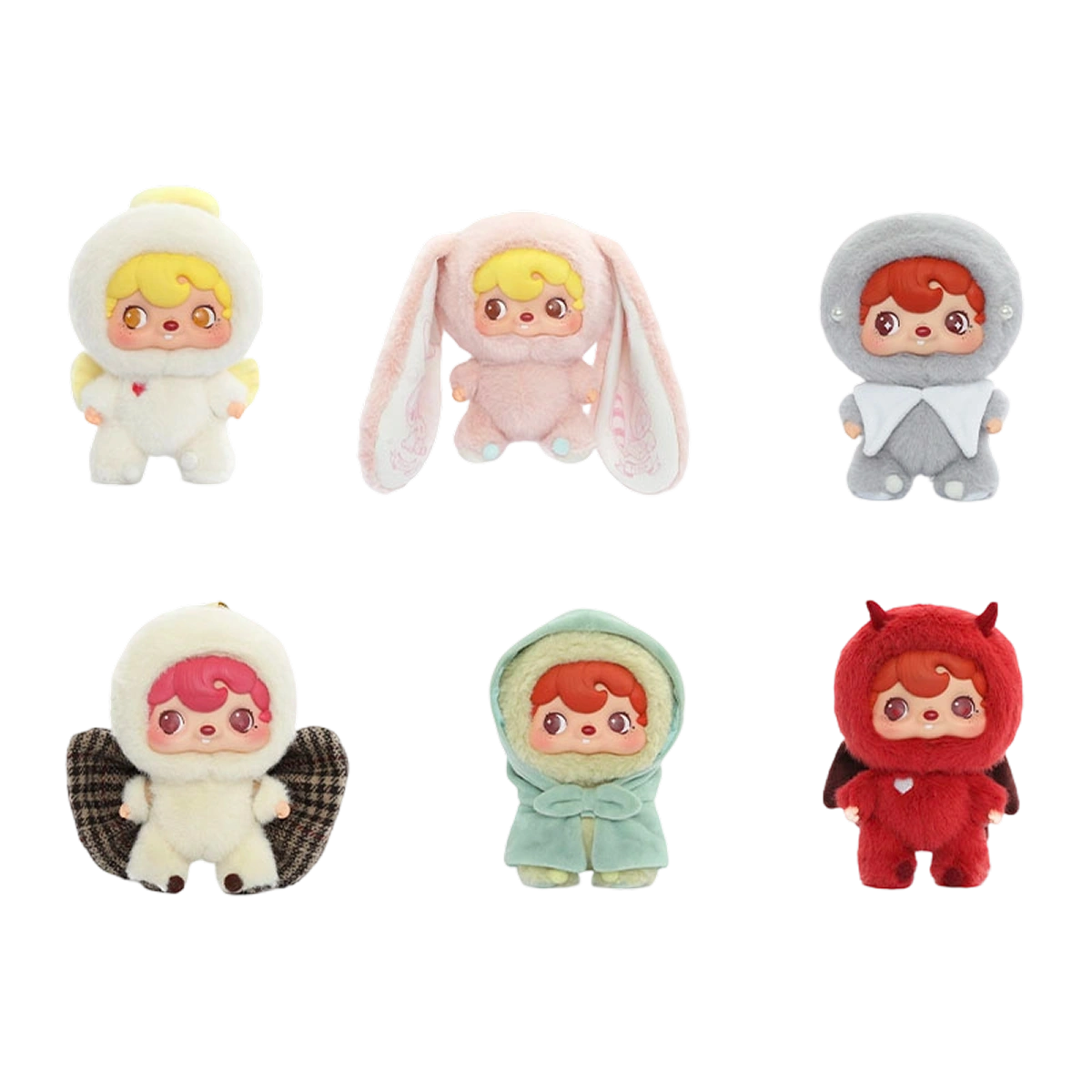 Full set of six POUKAPOUKA Mood Bubbles vinyl-face plush dolls in soft mood costumes
