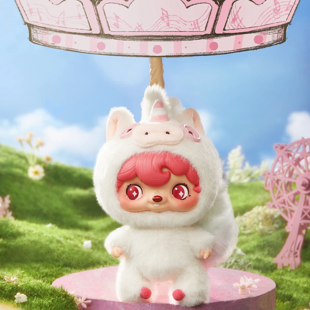 Padada, POUKAPOUKA in a pink bunny suit with long floppy ears, Mood Bubbles plush