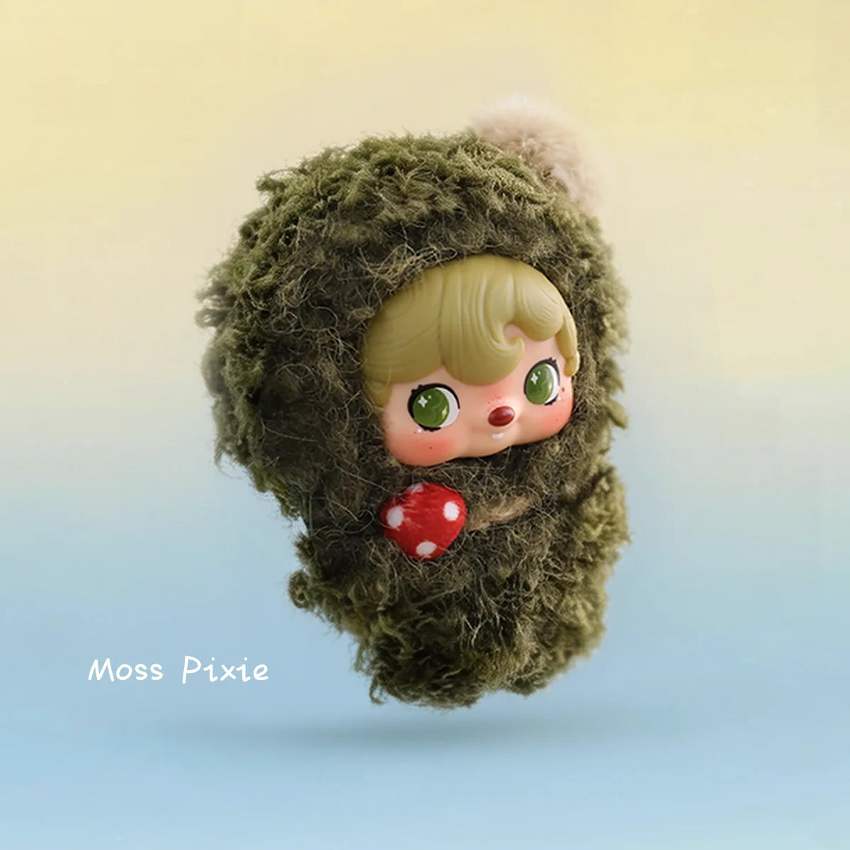 Moss Pixie, blonde pixie in a mossy-green hood with a spotted mushroom, POUKAPOUKA Pocket Cosmos by 52TOYS