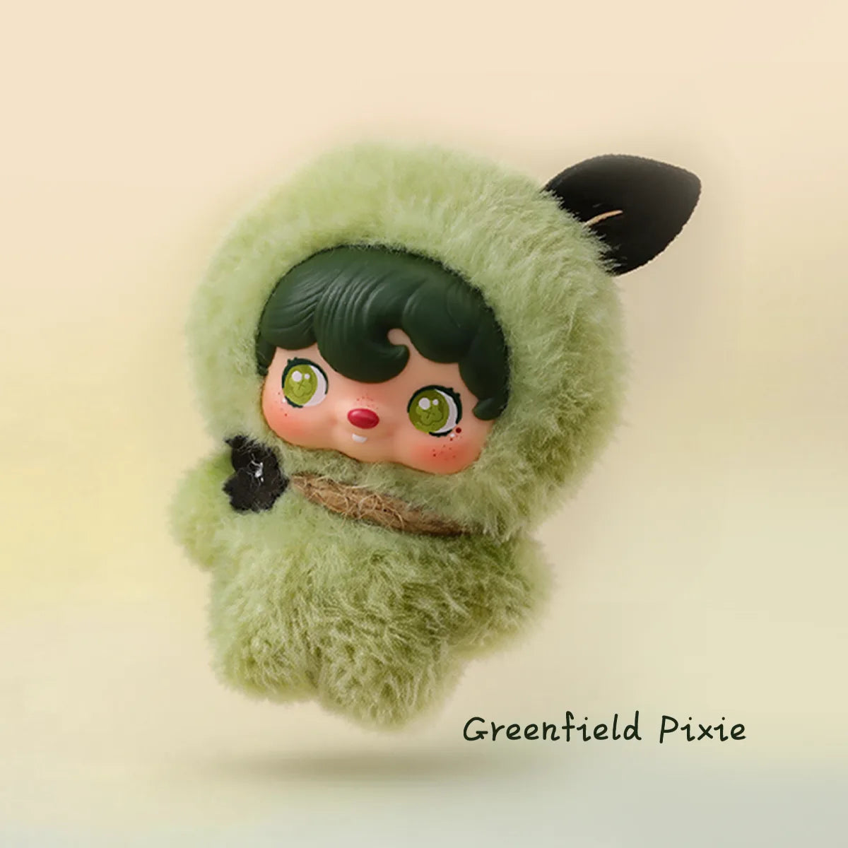 Greenfield Pixie, dark-haired pixie in a bright green hood with a berry accent, POUKAPOUKA Pocket Cosmos by 52TOYS