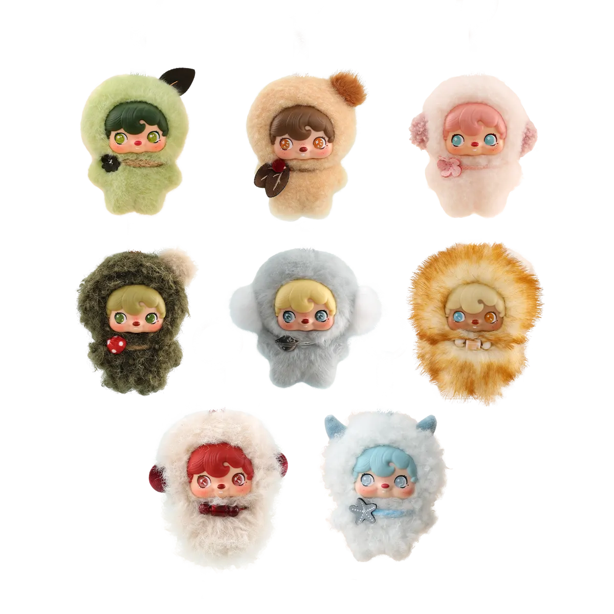 Eight POUKAPOUKA Pocket Cosmos nature-hood pixie plush keychains on white, by 52TOYS