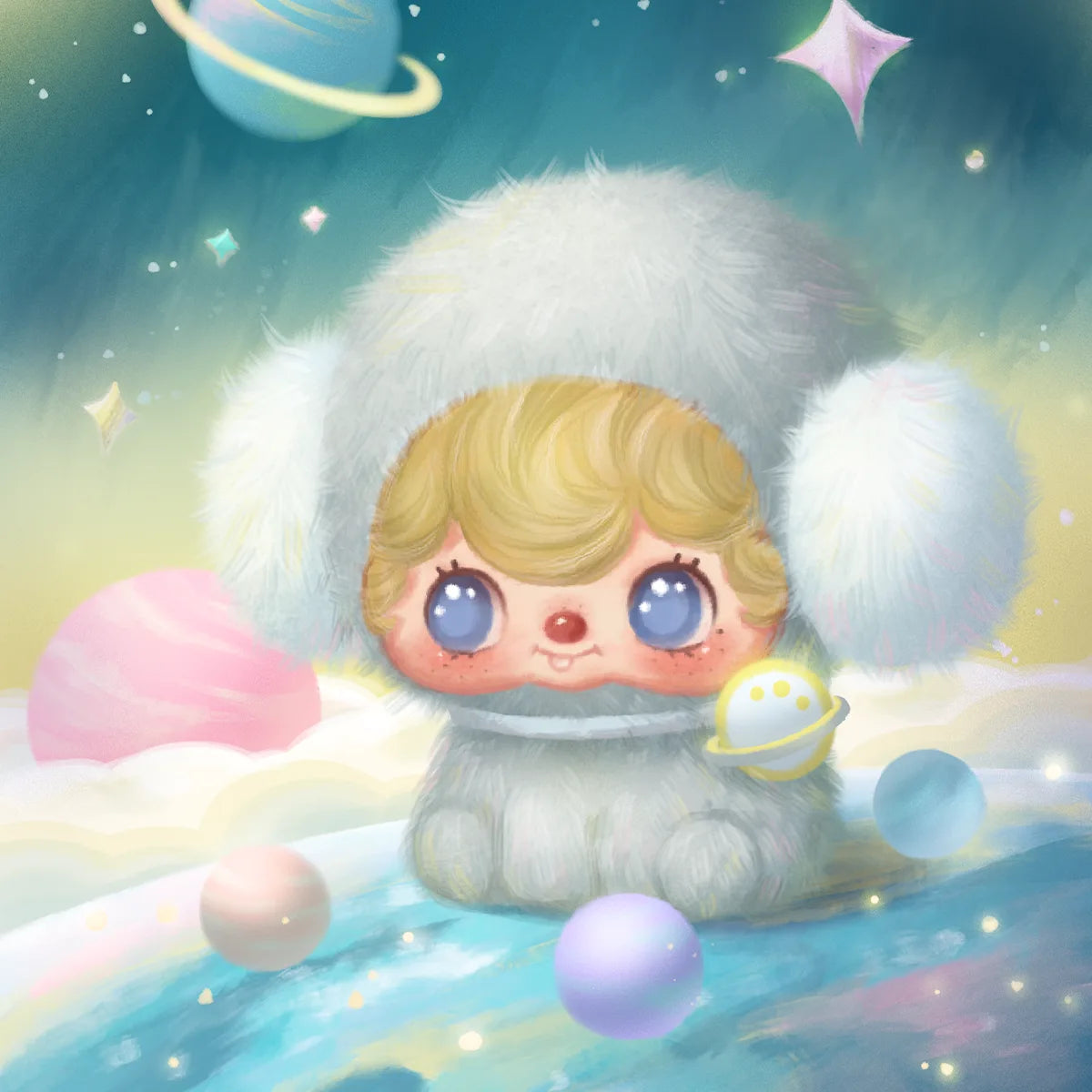 Illustrated Cosmos Pixie in a grey hood among planets and pastel orbs, POUKAPOUKA Pocket Cosmos by 52TOYS