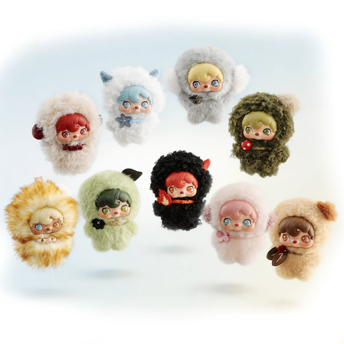 Full set of nine POUKAPOUKA Pocket Cosmos pixie plush keychains floating together, by 52TOYS