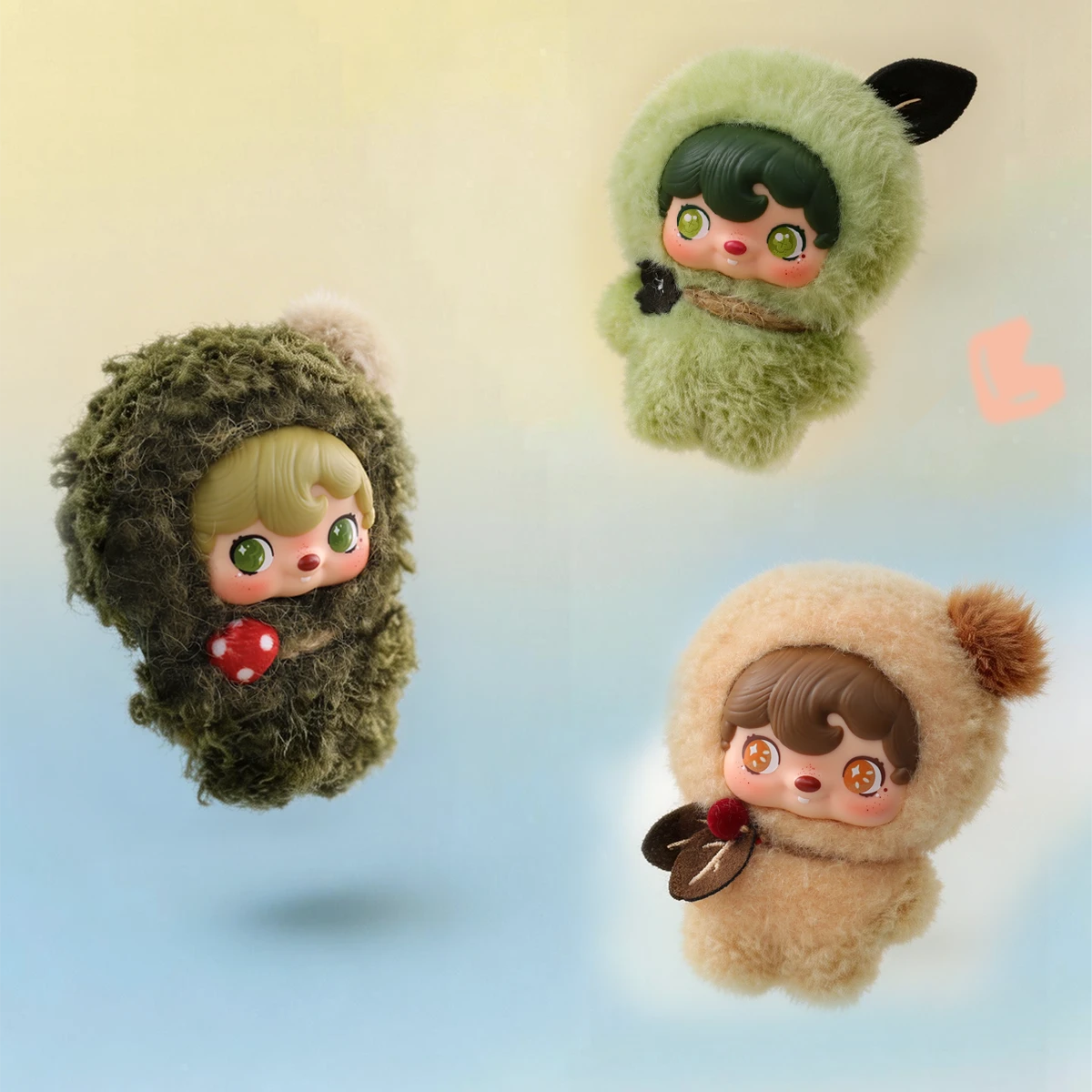 Trio of POUKAPOUKA Pocket Cosmos pixie heads in green and tan nature hoods, by 52TOYS