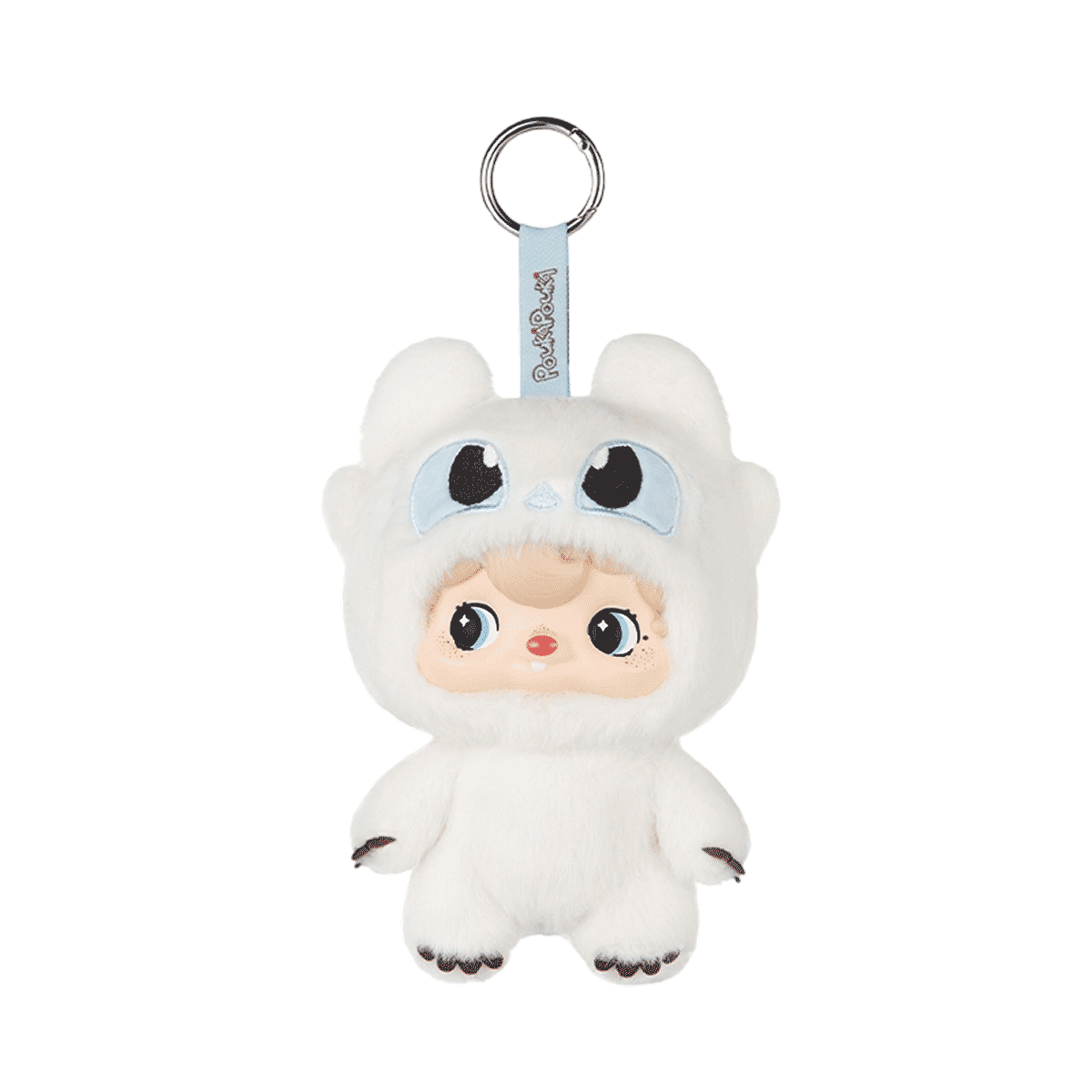 Light Fury POUKA plush keychain doll in a snow-white dragon hood with blue lanyard strap, by 52TOYS