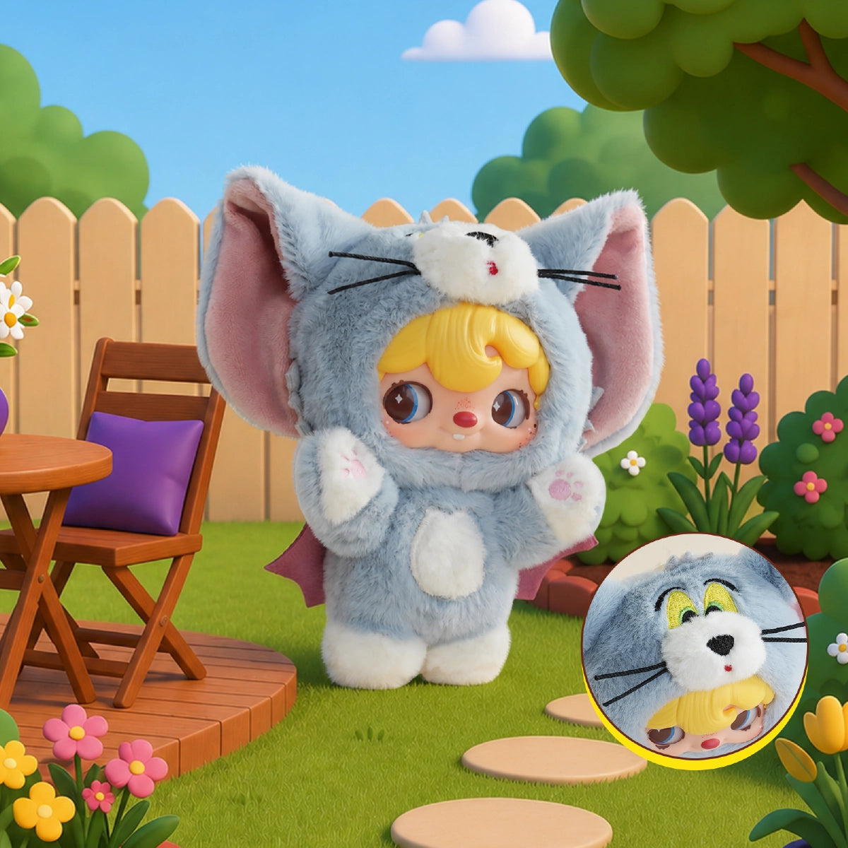 POUKAPOUKA in a gray Tom costume standing in a flower-filled garden