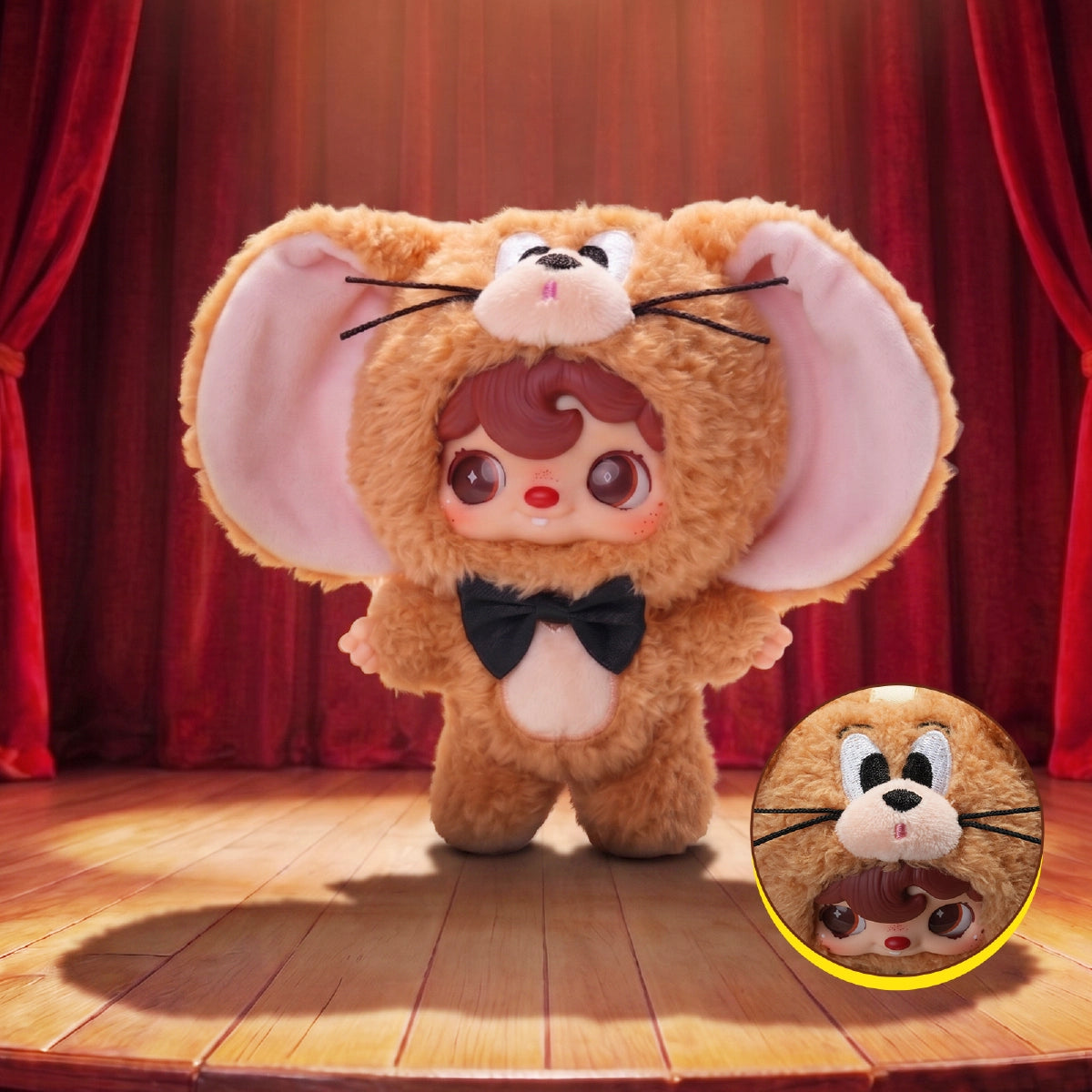 POUKAPOUKA in a brown Jerry costume with black bow tie on a theater stage