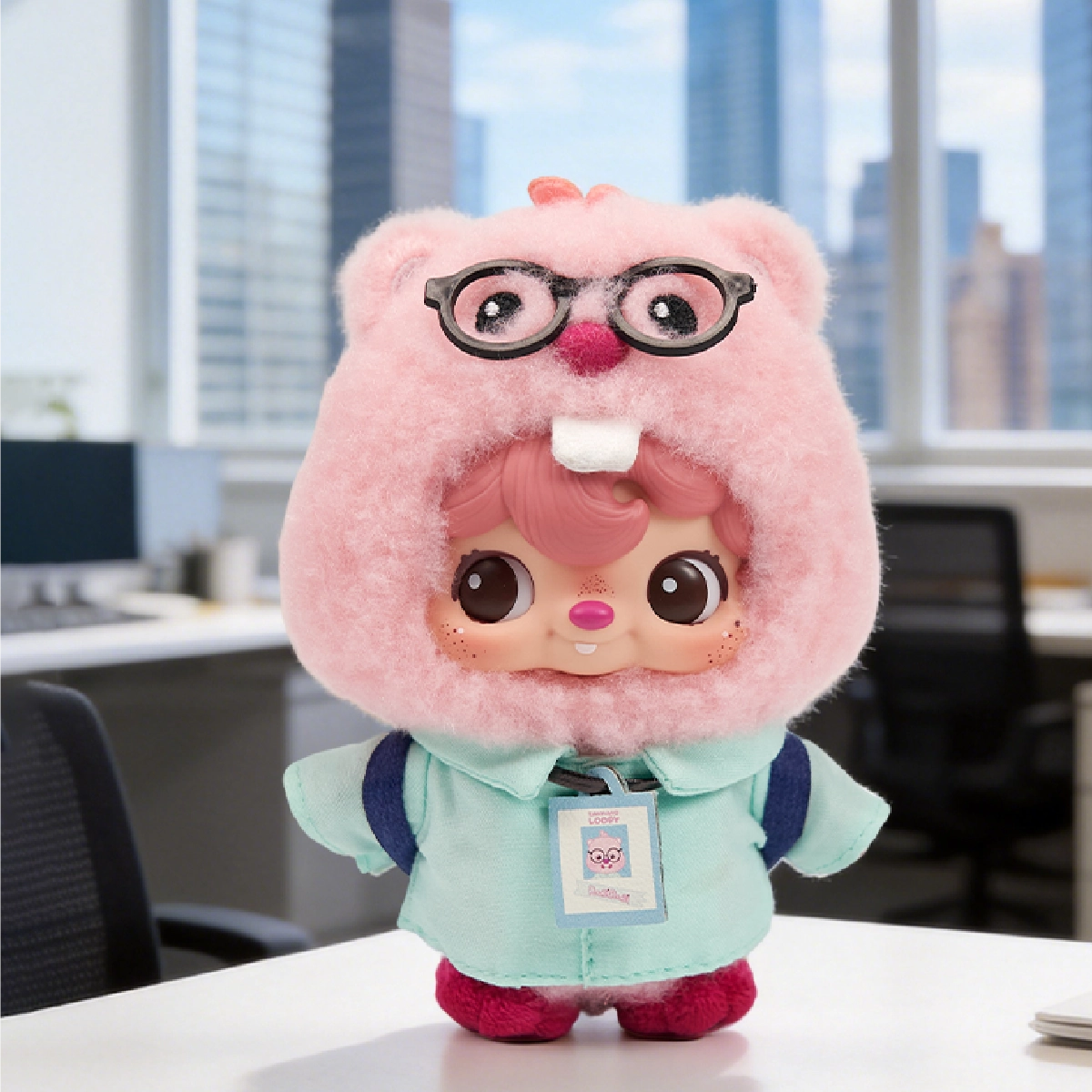 POUKAPOUKA in Loopy's beaver costume and employee badge standing on an office desk