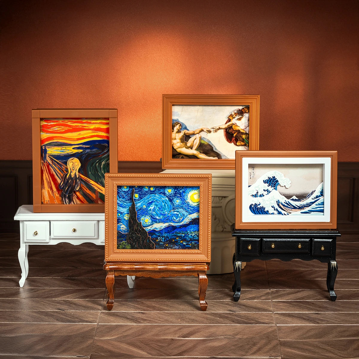 Living Paintings set displayed on antique tables: Scream, Creation of Adam, Starry Night and Great Wave