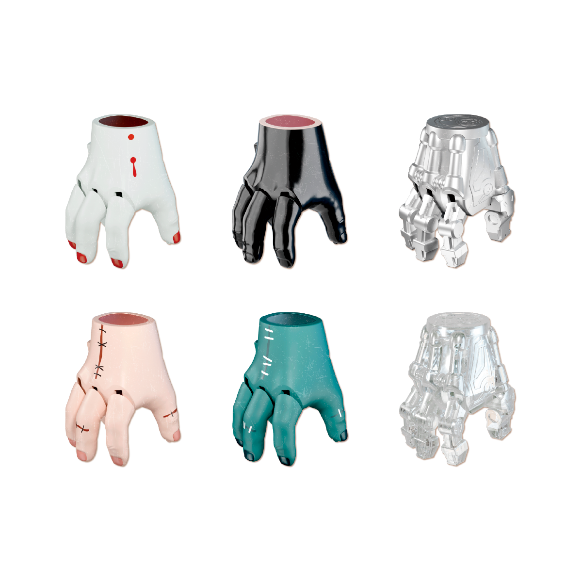 Full lineup of six crawling severed-hand figures in a stone crypt, QueSera Stranger Hands wind-up blind box