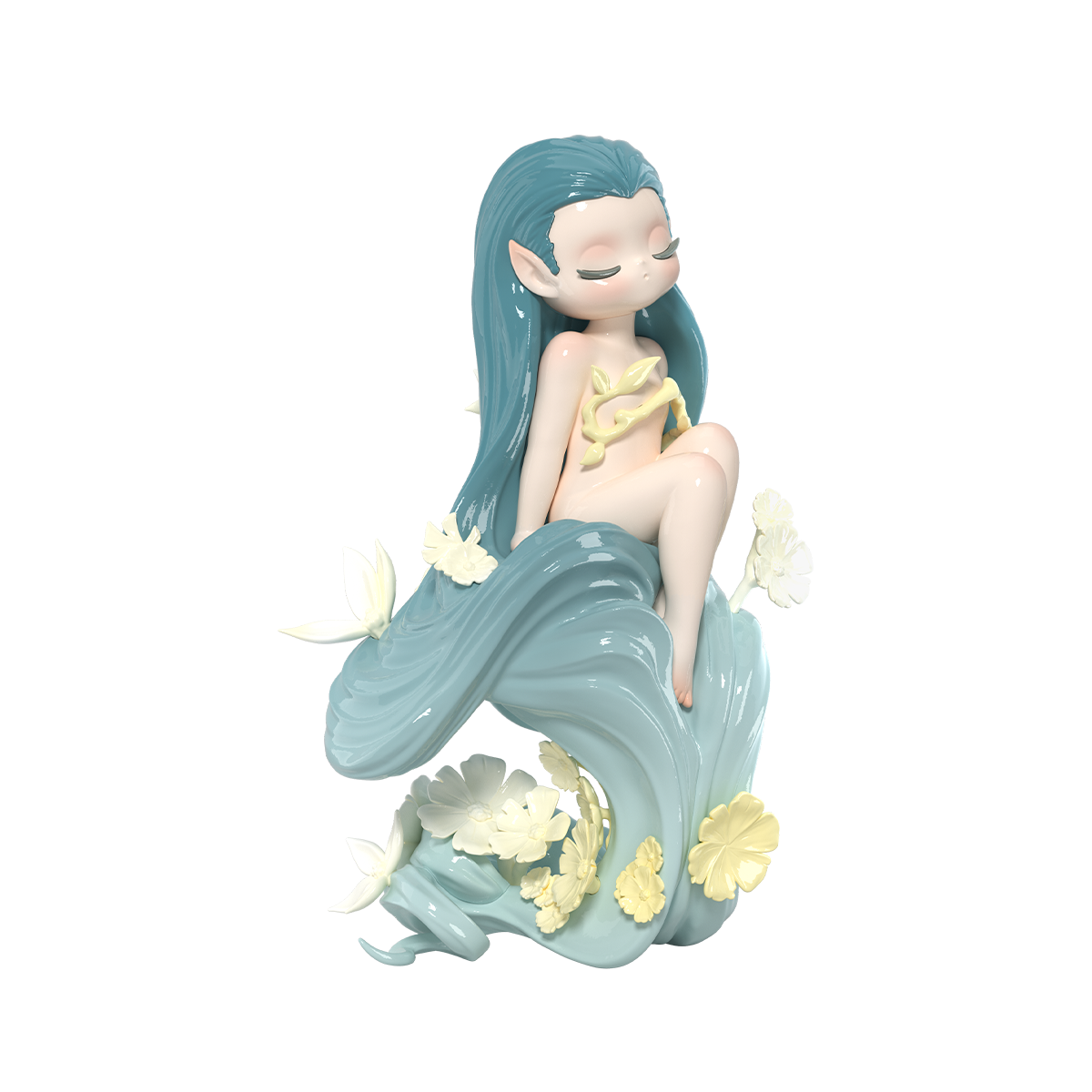 Dryad green-haired tree-spirit elf seated in a leaf gown with daisies, Sleep Dreamland Elves