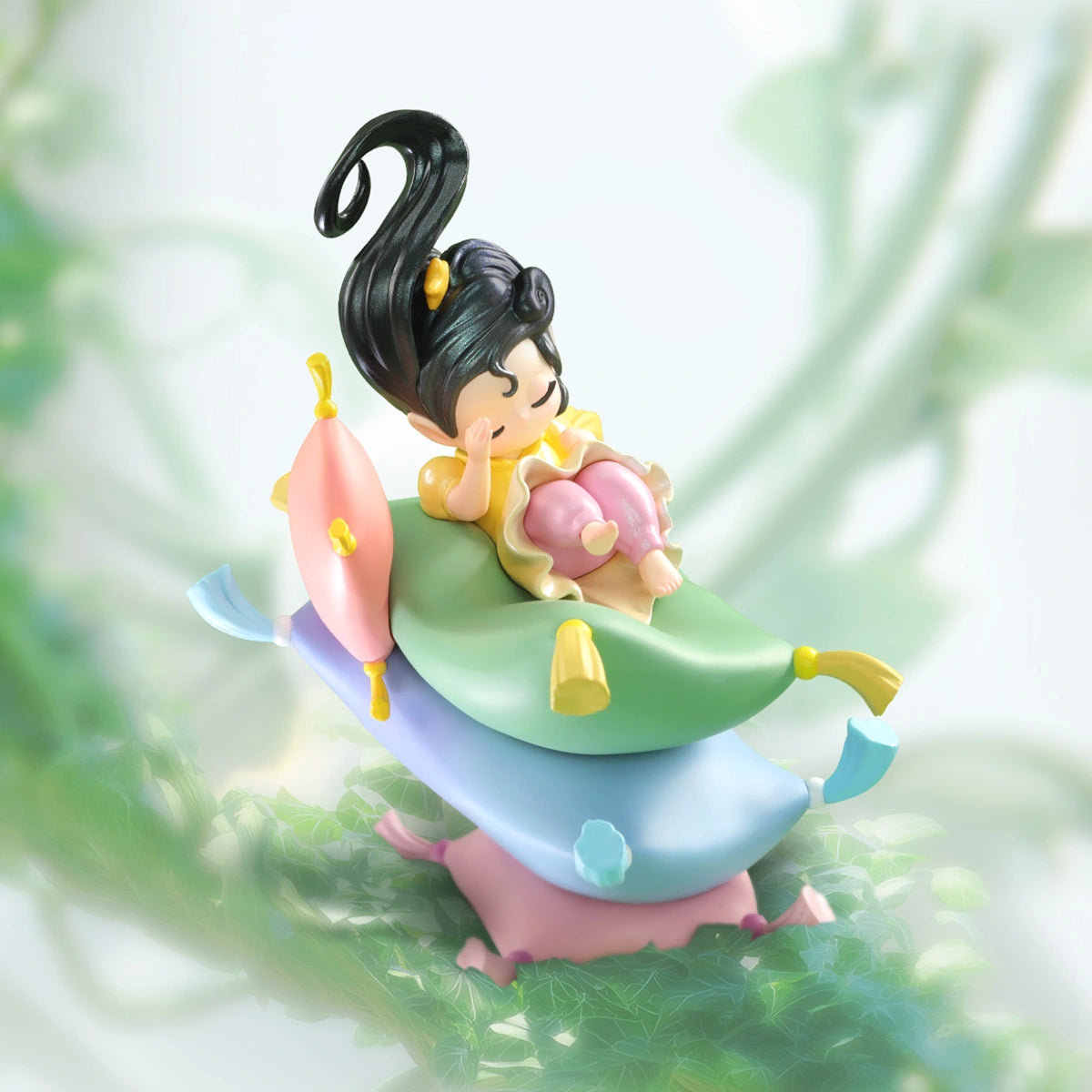 Sleep Dreams on Pillow figure dozing on stacked cushions among green leaves, dream scene
